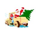 Santa Claus and Snowman are driving a Christmas tree in a truck. Christmas background. Vector illustration Royalty Free Stock Photo