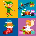 Santa Claus snowman hats, children enjoy winter holidays, elf with sweets and angel wings pipe gifts, Cat in sock, girl