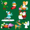 Santa Claus snowman hats, children enjoy winter holidays, elf with sweets and angel wings pipe gifts, Cat in sock, girl