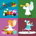 Santa Claus snowman hats, children enjoy winter holidays, elf with sweets and angel wings pipe gifts, Cat in sock, girl