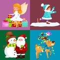 Santa Claus snowman hats, children enjoy winter holidays, elf with sweets and angel wings pipe gifts, Cat in sock, girl