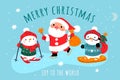 Santa Claus and snowman helper poster. New Year holiday. Cute Christmas characters deliver gifts on skis. Winter sport Royalty Free Stock Photo