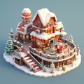 Santa Claus and Snowman house, cutaway isometric low poly art