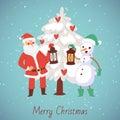 Santa Claus and snowman with laterns and snowy christmas tree vector cartoon illustration. Merry Christmas and happy new Royalty Free Stock Photo
