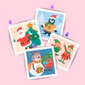 Santa Claus, snowman, penguin, happy people near decorated Christmas trees