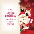 Santa Claus,Snowman,Reindeer and Elf with textual signboard isolated on a red sparkle background Royalty Free Stock Photo