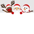 Santa Claus with snowman and reindeer peeking out from behind a