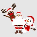 Santa Claus with snowman and reindeer peeking out from behind a Royalty Free Stock Photo