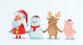 Santa Claus, Snowman, Reindeer and Piggy holding, hands in Christmas snow scene. Happy Christmas companions. Flat vector