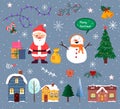 Santa Claus and snowman. Set of Christmas and New Year elements. Gifts and Christmas tree. Royalty Free Stock Photo