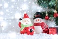 Santa Claus with snowman and snowfall over fir tree Royalty Free Stock Photo