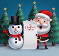 Santa claus and snowman vector characters holding blank christmas wish lish paper