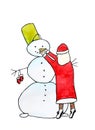 Santa Claus and snowman - vector watercolor painting