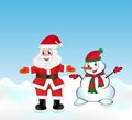 Santa Claus and Snowman welcomes guests. Christmas vector