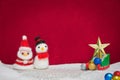 Santa claus, snowman wool doll, green sled on snow set up with g Royalty Free Stock Photo