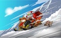 Santa Claus on a snowmobile and rabbit. Snow racing. Happy new year. Merry Christmas