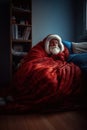 Christmas Comfort: Santa Snuggled Up in a Fuzzy Blanket. Generative ai