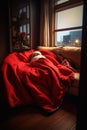 Cozy Claus: Santa Snuggled Up in a Warm Blanket. Generative ai