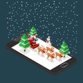 Santa claus stand and holding a gift on a sleigh with six reaindeers on a black cellphone in Christmas theme, illustration vecton