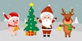 Santa Claus is standing with arms raised near the Christmas tree with gifts. A cute pig with a clapperboard, a deer with a bell Royalty Free Stock Photo