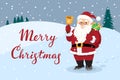 Santa Claus is standing with a bell in his hand and a bag of gifts behind his back, near the inscription Merry Christmas Royalty Free Stock Photo