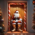 Santa Claus is standing in the front door. Red coat, cap, white beard and black belt
