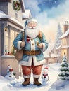 Santa Claus standing in front of a house in the snowy village painted in watercolor Royalty Free Stock Photo