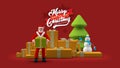 Santa Claus standing with Gift and Gift Boxes Snowman and Christmas Tree 3D illustration. Merry Christmas and Happy New Year Royalty Free Stock Photo