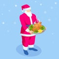 Santa Claus standing holding roasted turkey with vegetables on a platter. Christmas turkey. Thanksgiving dinner