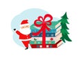 Santa Claus is standing near the stack of books. Christmas books. Book sale. Illustration for book shop, store, library.