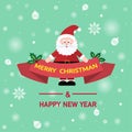 Santa Claus stands holding a Christmas day sign on the background and snowflakes. Royalty Free Stock Photo