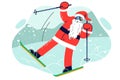 Santa claus stands on skis at risk of falling due to rush to christmas party or new year celebration