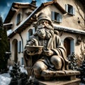 Santa Claus statue in front of a house during snowfall.