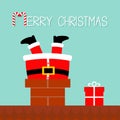 Santa Claus stuck in the chimney on the roof. Gift box. Red hat, costume, beard, belt buckle. Merry Christmas. Candy cane. Cute ca Royalty Free Stock Photo