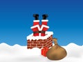 Santa Claus stuck in the chimney upside down and sack full of gifts. Christmas background. Vector Royalty Free Stock Photo