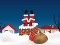 Santa Claus stuck in the chimney upside down and sack full of gifts. Christmas background. Winter snowy landscape. Vector Royalty Free Stock Photo