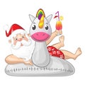 Santa Claus on summer vacation with Unicorn inflatable swim ring - isolated