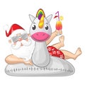 Santa Claus on summer vacation with Unicorn inflatable swim ring - wearing sunglasses