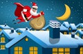 Santa Claus superhero flying nighttime town sack full xmas gifts