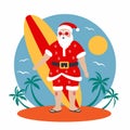 Santa Claus with a surfboard in summer on a tropical beach on vacation. Celebrates New Year and Christmas in warm Royalty Free Stock Photo
