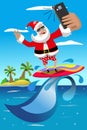 Santa Claus surfing selfie tropical sea vacation