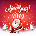 Santa Claus with the symbol of 2019 on skates rushes for holiday on the field with Christmas trees. Royalty Free Stock Photo