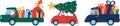 Santa Claus team driving car caravan with Christmas tree, gifts and presents