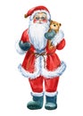 Santa Claus with teddy bear, Christmas watercolor illustration Royalty Free Stock Photo