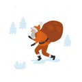 Santa claus tiptoe walking with sack of presents isolated vector illustration