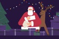 Santa Claus in traditional costume holding and reading Christmas Letter, next to the boxes with gifts and a deer