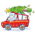 Santa Claus transports christmas tree with a car