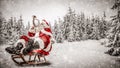 Santa Claus with a trumpet and sack of presents on the sled with a blurred snowy winter Christmas day background. Royalty Free Stock Photo