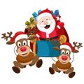 Santa Claus and two deer ride on a sleigh with gifts on white background. Royalty Free Stock Photo