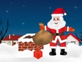Santa Claus is up on the rooftop near the chimney with sack full of gifts. Winter night city. Christmas card. Vector Royalty Free Stock Photo